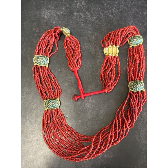 Tibetan Multi Strand Bamboo Coral Bead w/Turquoise Mosaic Inlaid Accent Necklace - Picture 6 of 8